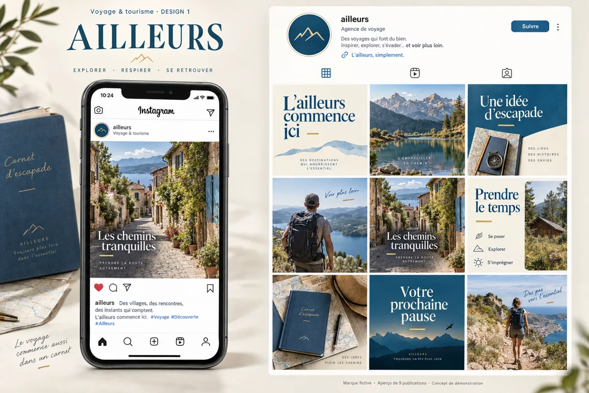 Exemple de l’univers AILLEURS pour Voyage & tourisme : grille de neuf créations et aperçu sur téléphone