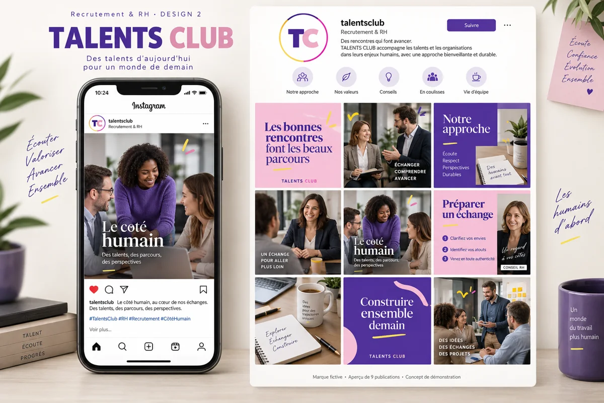 Exemple de l’univers TALENTS CLUB pour Recrutement & RH : grille de neuf créations et aperçu sur téléphone