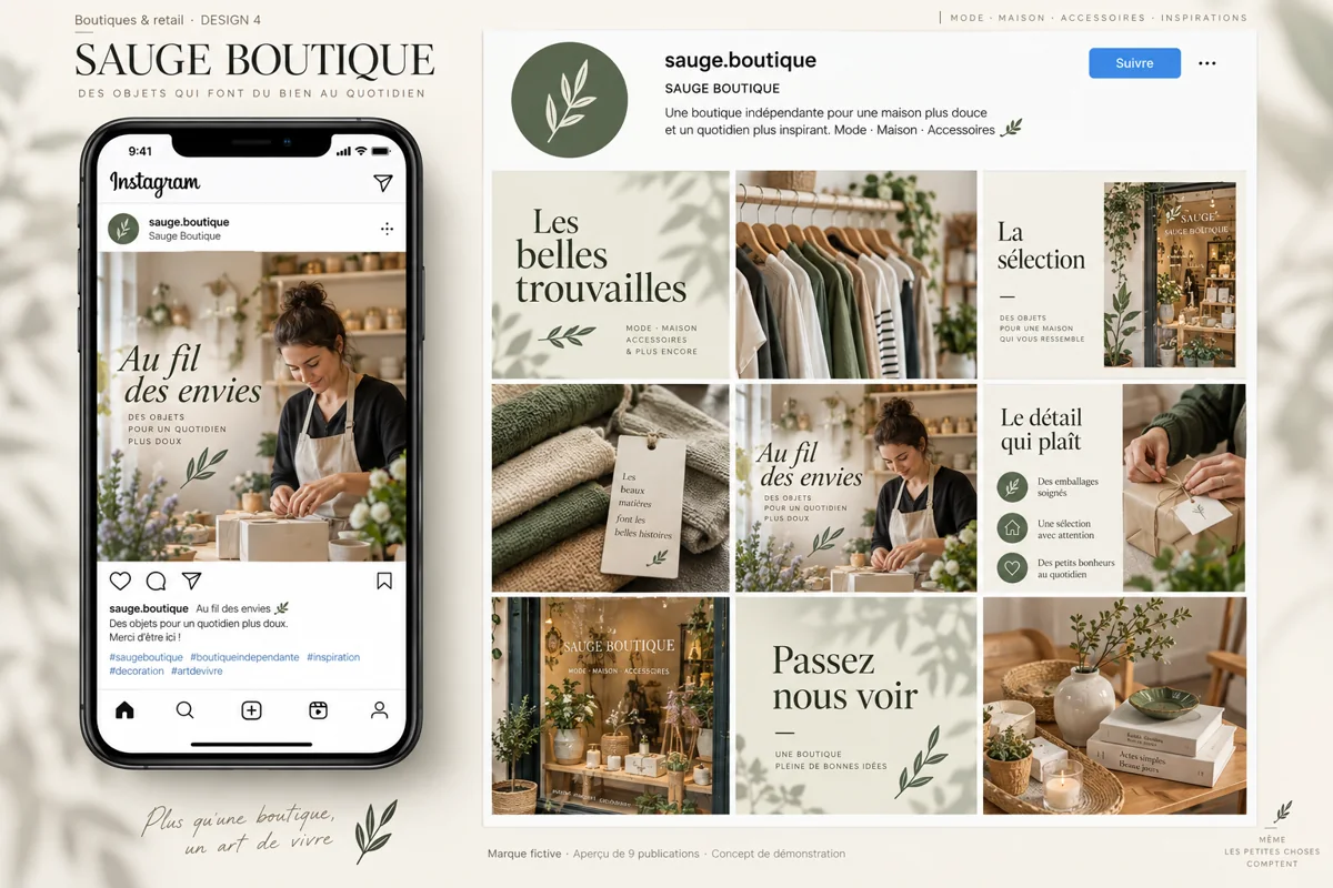 Exemple de l’univers SAUGE BOUTIQUE pour Boutiques & retail : grille de neuf créations et aperçu sur téléphone