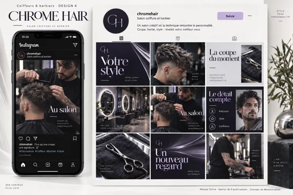 Exemple de l’univers CHROME HAIR pour Coiffeurs & barbiers : grille de neuf créations et aperçu sur téléphone