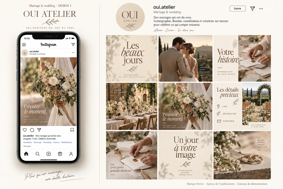 Exemple de l’univers OUI ATELIER pour Mariage & wedding : grille de neuf créations et aperçu sur téléphone