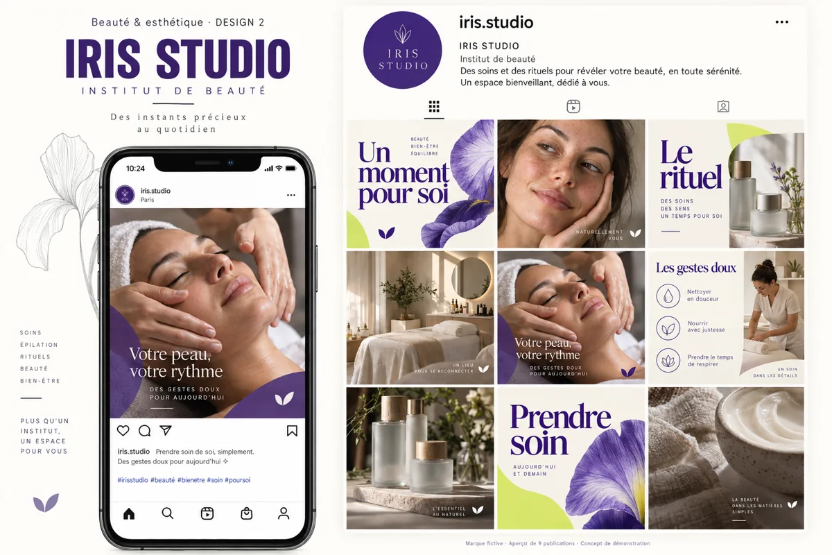 Exemple de l’univers IRIS STUDIO pour Beauté & esthétique : grille de neuf créations et aperçu sur téléphone