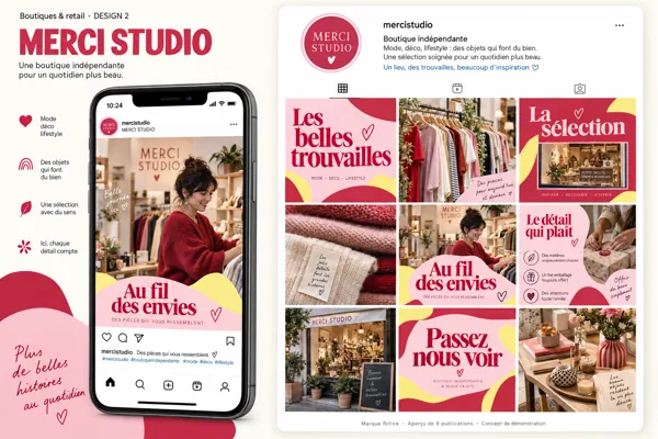 Exemple de l’univers MERCI STUDIO pour Boutiques & retail : grille de neuf créations et aperçu sur téléphone