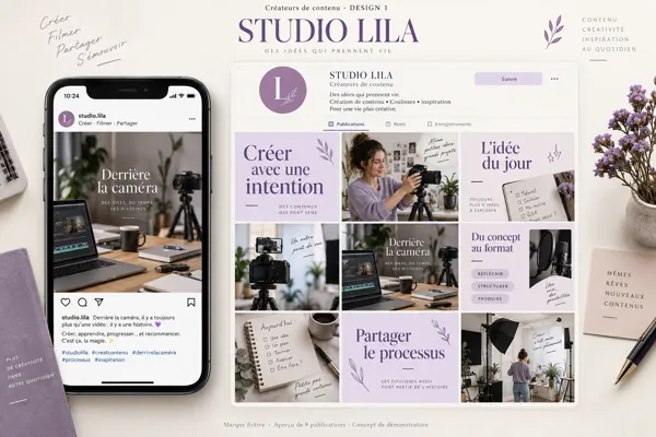 Exemple de l’univers STUDIO LILA pour Créateurs de contenu : grille de neuf créations et aperçu sur téléphone