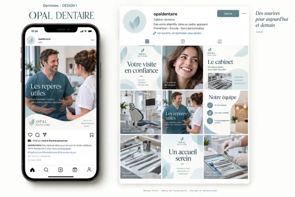 Exemple de l’univers OPAL DENTAIRE pour Dentistes : grille de neuf créations et aperçu sur téléphone