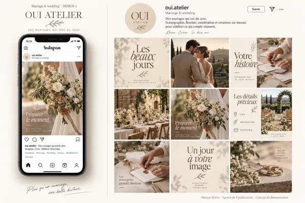 Exemple de l’univers OUI ATELIER pour Mariage & wedding : grille de neuf créations et aperçu sur téléphone
