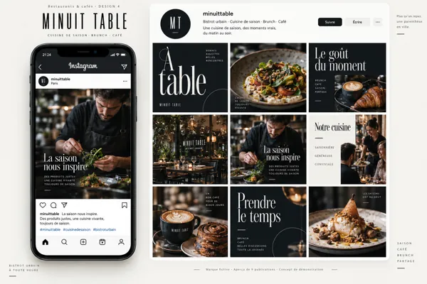 Exemple de l’univers MINUIT TABLE pour Restaurants & cafés : grille de neuf créations et aperçu sur téléphone
