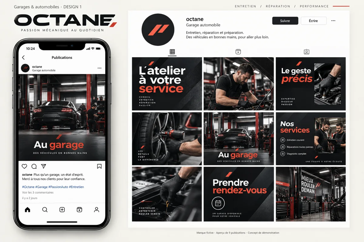 Exemple de l’univers OCTANE pour Garages & automobiles : grille de neuf créations et aperçu sur téléphone