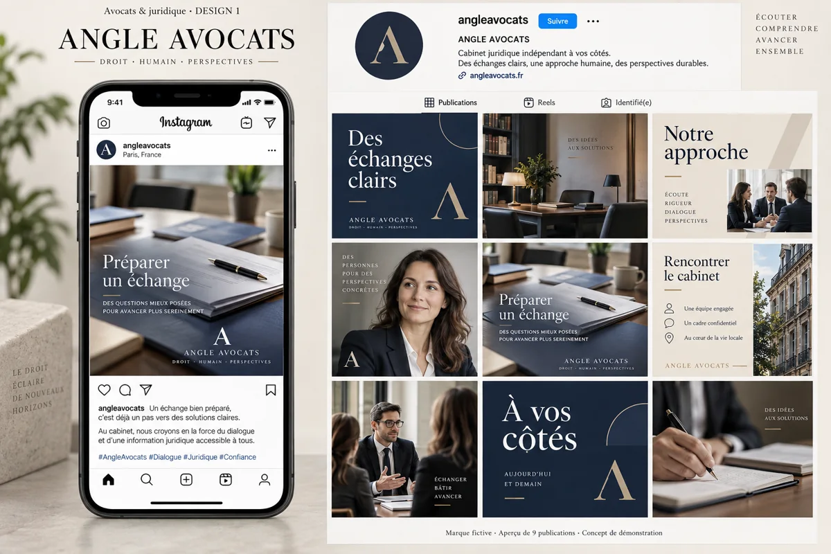 Exemple de l’univers ANGLE AVOCATS pour Avocats & juridique : grille de neuf créations et aperçu sur téléphone