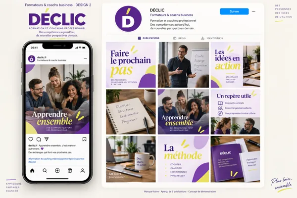 Exemple de l’univers DÉCLIC pour Formateurs & coachs business : grille de neuf créations et aperçu sur téléphone