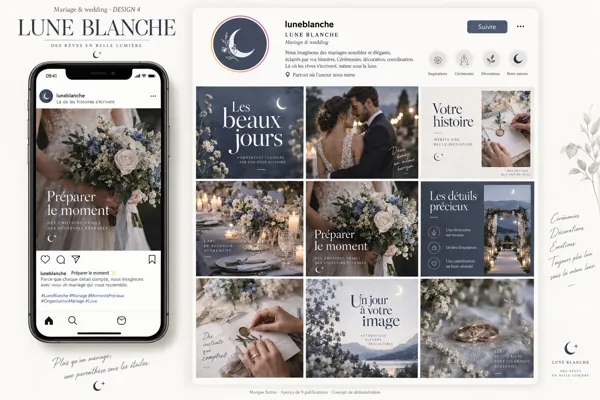 Exemple de l’univers LUNE BLANCHE pour Mariage & wedding : grille de neuf créations et aperçu sur téléphone