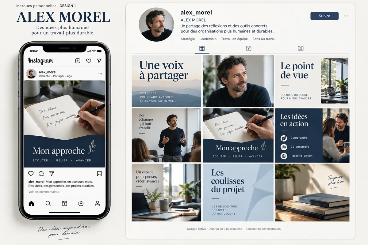 Exemple de l’univers ALEX MOREL pour Marques personnelles : grille de neuf créations et aperçu sur téléphone