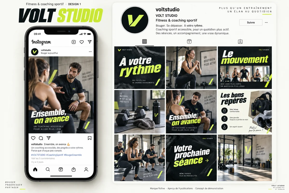 Exemple de l’univers VOLT STUDIO pour Fitness & coaching sportif : grille de neuf créations et aperçu sur téléphone