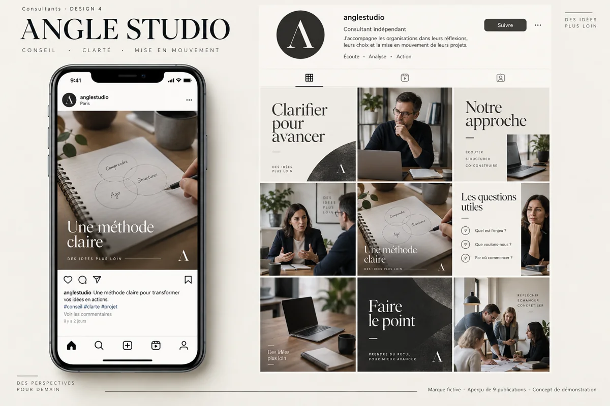 Exemple de l’univers ANGLE STUDIO pour Consultants : grille de neuf créations et aperçu sur téléphone