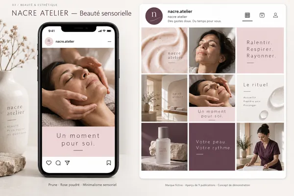 Exemple de l’univers NACRE ATELIER pour Beauté & esthétique : grille de neuf créations et aperçu sur téléphone