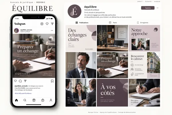 Exemple de l’univers ÉQUILIBRE pour Avocats & juridique : grille de neuf créations et aperçu sur téléphone