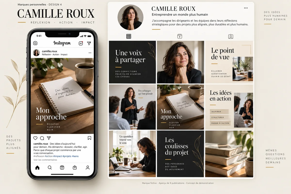 Exemple de l’univers CAMILLE ROUX pour Marques personnelles : grille de neuf créations et aperçu sur téléphone