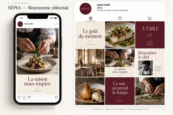 Exemple de l’univers SÉPIA pour Restaurants & cafés : grille de neuf créations et aperçu sur téléphone