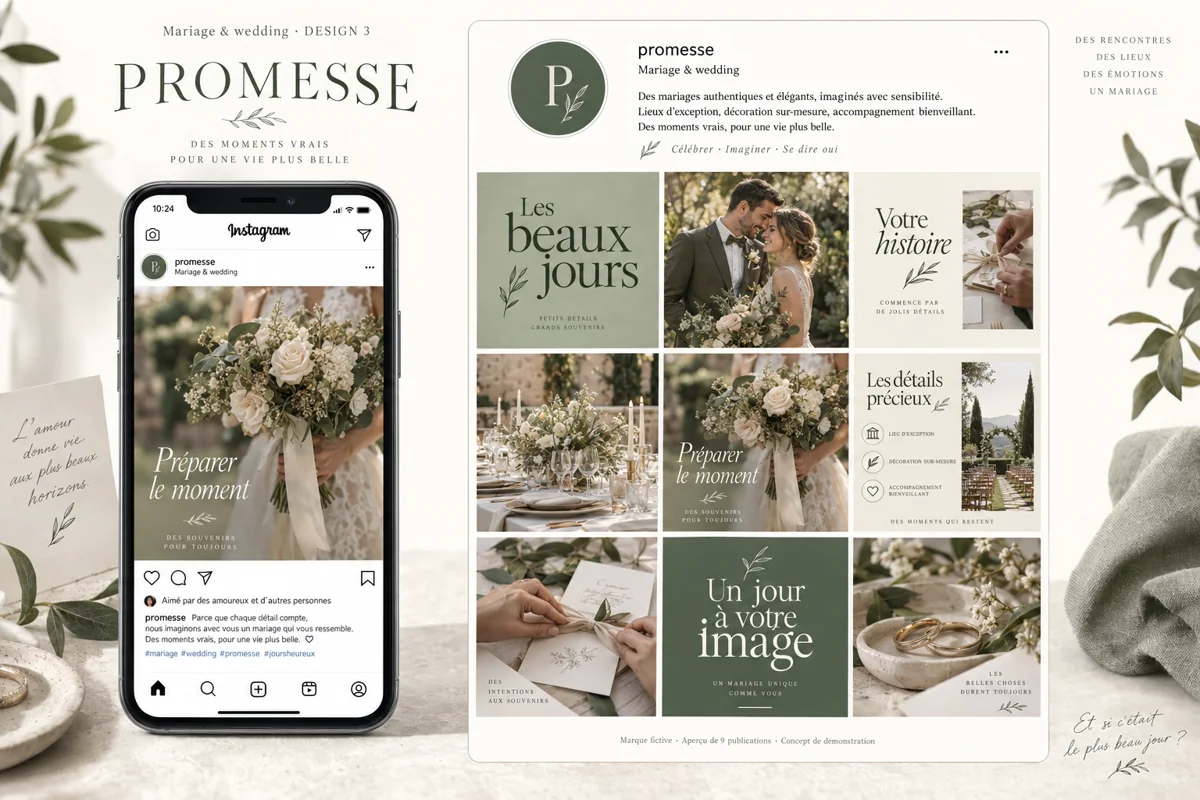 Exemple de l’univers PROMESSE pour Mariage & wedding : grille de neuf créations et aperçu sur téléphone