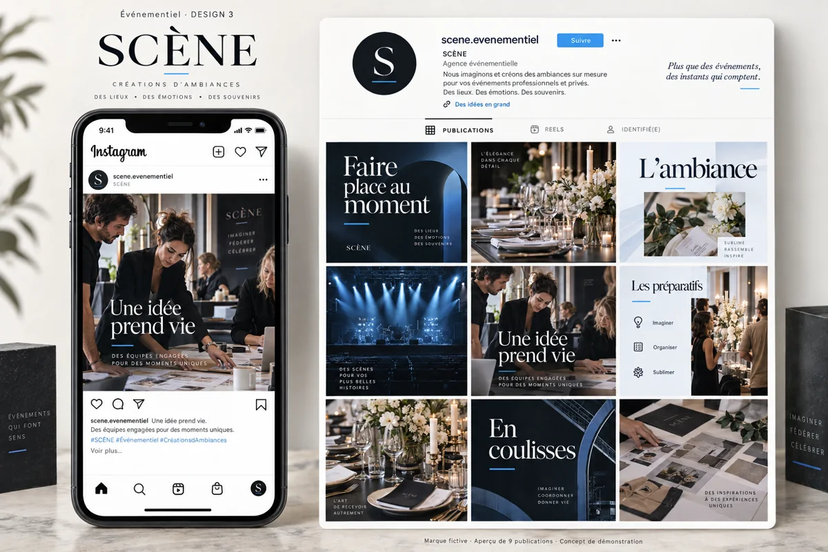 Exemple de l’univers SCÈNE pour Événementiel : grille de neuf créations et aperçu sur téléphone