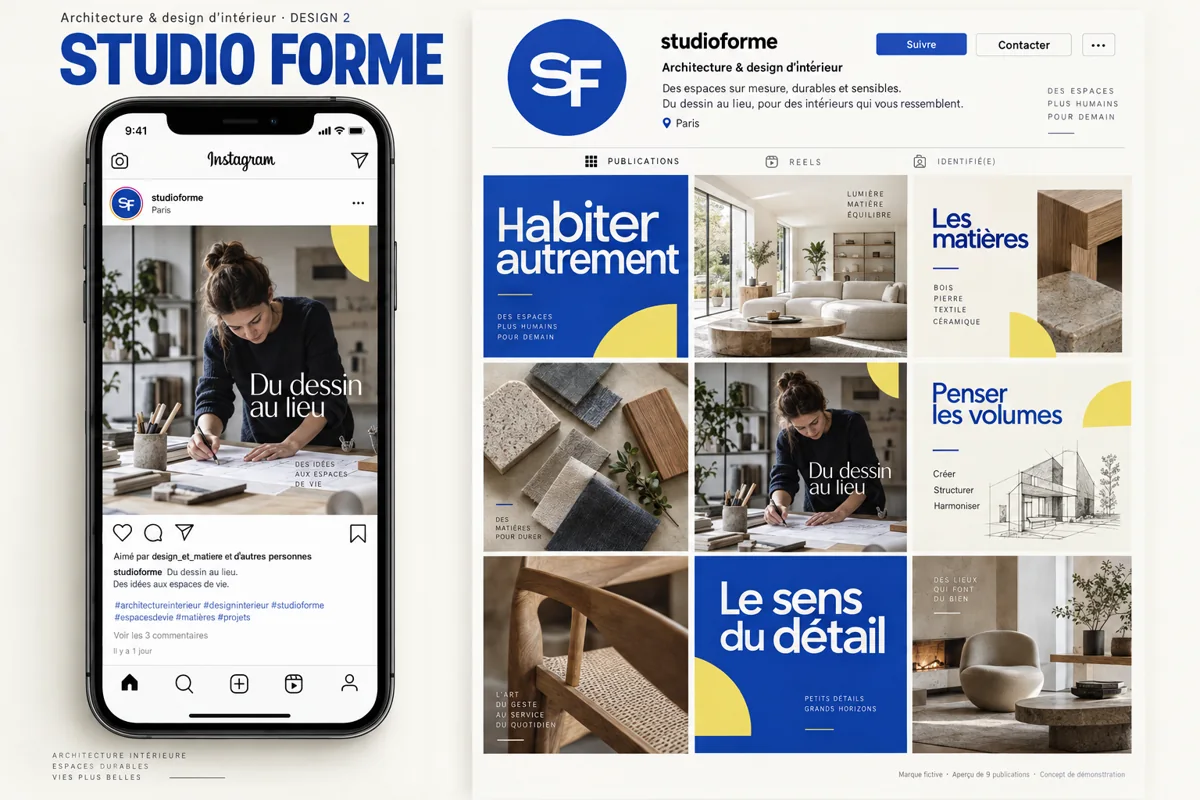 Exemple de l’univers STUDIO FORME pour Architecture & design d’intérieur : grille de neuf créations et aperçu sur téléphone