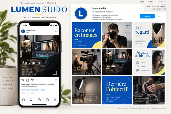 Exemple de l’univers LUMEN STUDIO pour Photographes & vidéastes : grille de neuf créations et aperçu sur téléphone