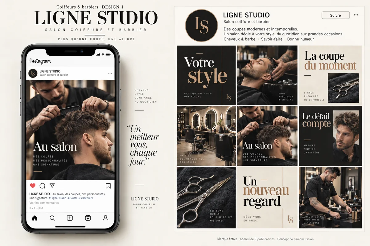 Exemple de l’univers LIGNE STUDIO pour Coiffeurs & barbiers : grille de neuf créations et aperçu sur téléphone