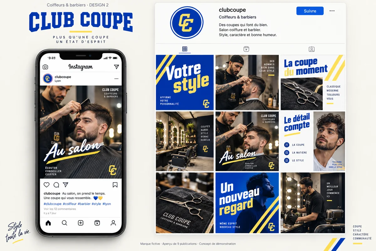 Exemple de l’univers CLUB COUPE pour Coiffeurs & barbiers : grille de neuf créations et aperçu sur téléphone